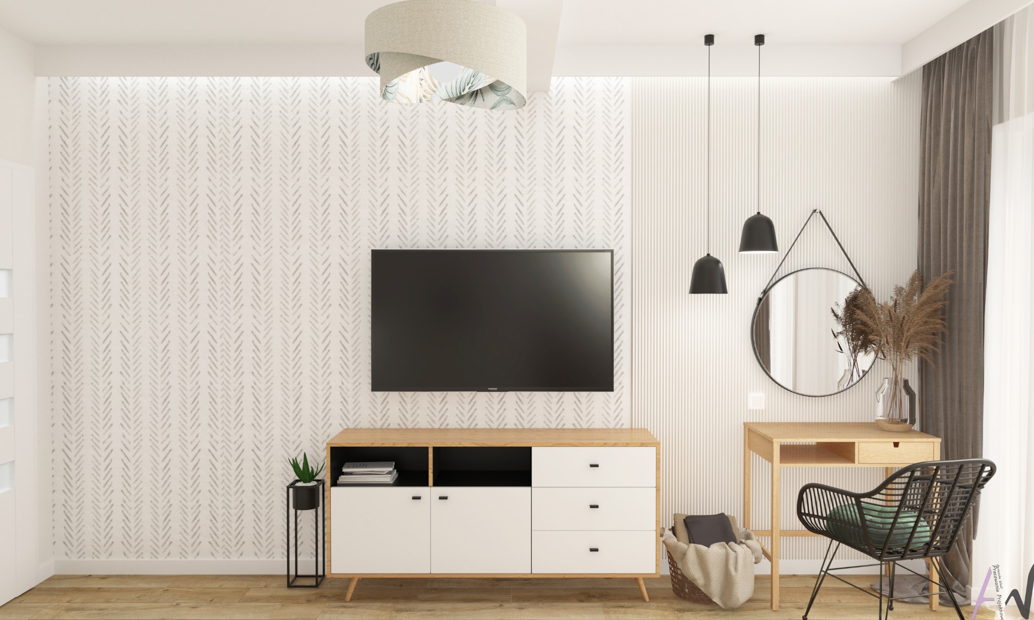 Nowoczesny salon z telewizorem na ścianie z tapetą w strzałki, drewnianą komodą, okrągłym lustrem i czarnymi lampami wiszącymi.