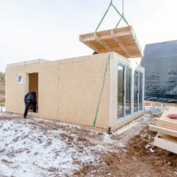 Montaż domu modułowego: pracownik w czarnej kurtce montuje ścianę, podczas gdy dźwig opuszcza prefabrykowany strop na budynek z dużymi oknami, w tle widoczna czarna plandeka.