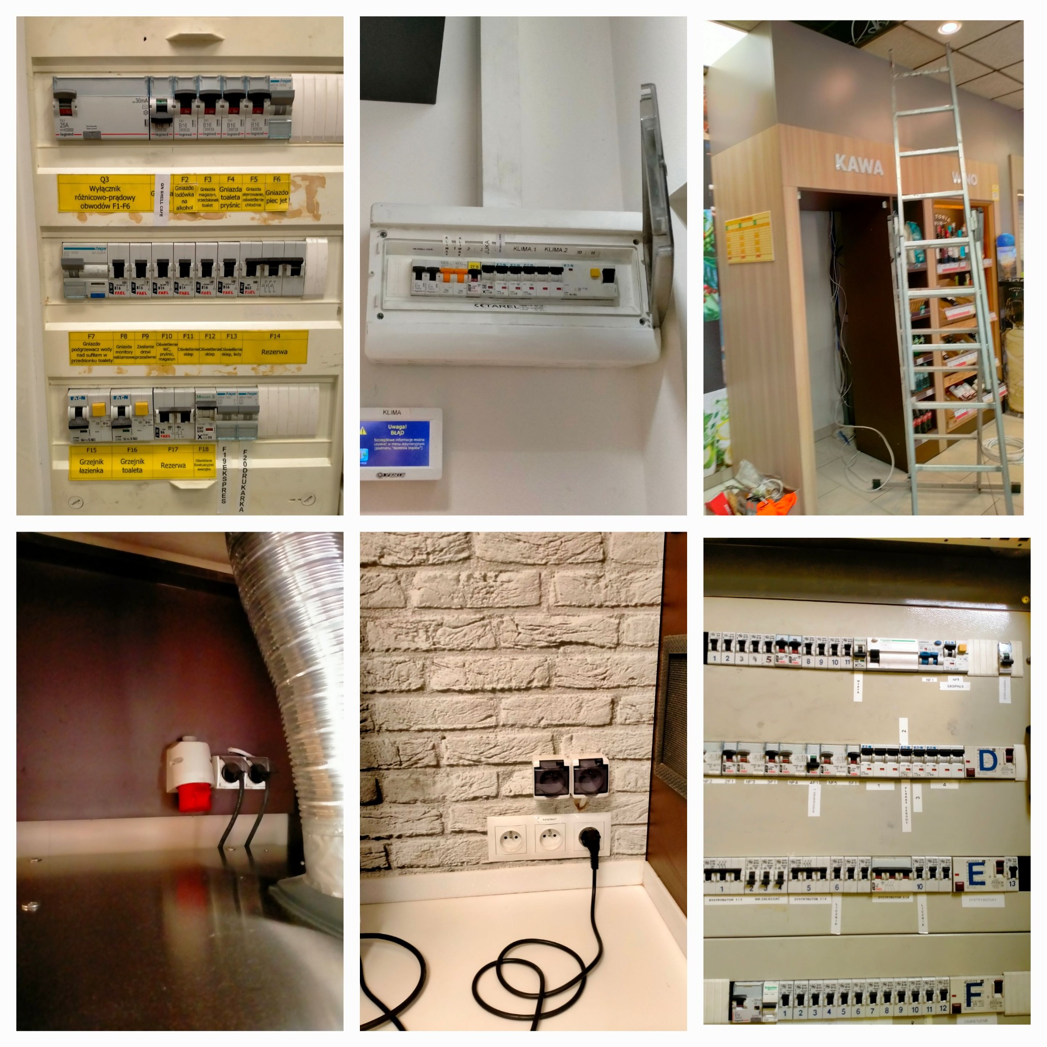 Zestawienie zdjęć przedstawiających różne instalacje elektryczne: skrzynki bezpiecznikowe z opisami obwodów, gniazdka elektryczne w ścianie z cegły, przewody i kable wewnątrz budynku, oraz drabina...