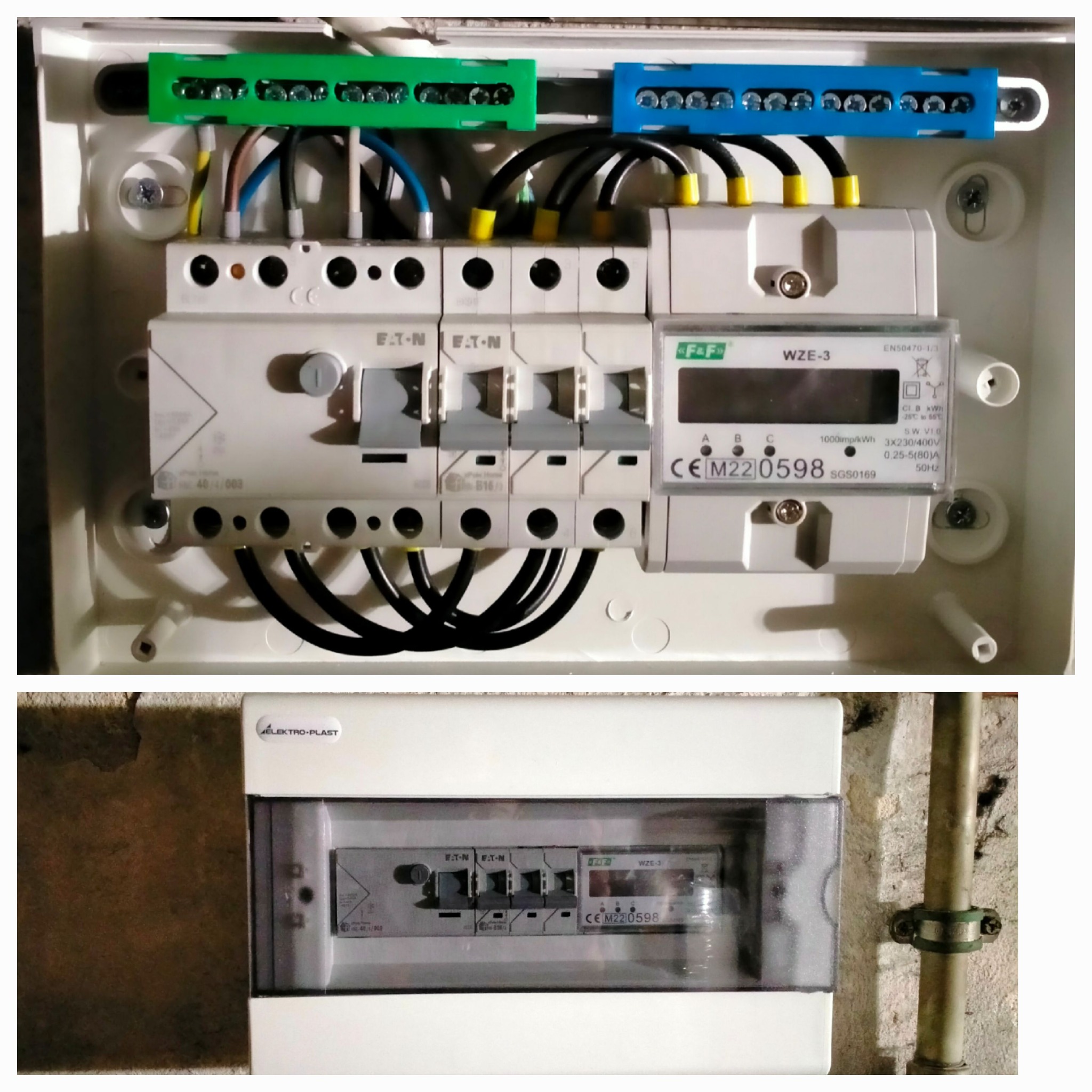 Otwarta skrzynka elektryczna z bezpiecznikami EATON, licznikiem F&F WZE-3, listwami zaciskowymi w kolorach zielonym i niebieskim, oraz okablowaniem z żółtymi końcówkami, widziana od frontu,...