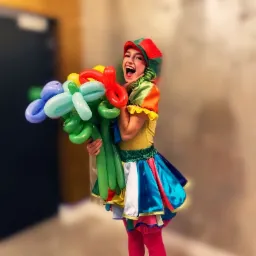 Uśmiechnięta kobieta w kolorowym stroju trzyma bukiet balonów w kształcie kwiatów.