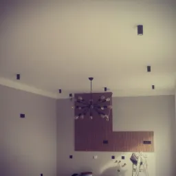 Wnętrze z zamontowanymi punktowymi lampami sufitowymi i nowoczesnym żyrandolem, widoczne przygotowania do dalszych prac wykończeniowych.