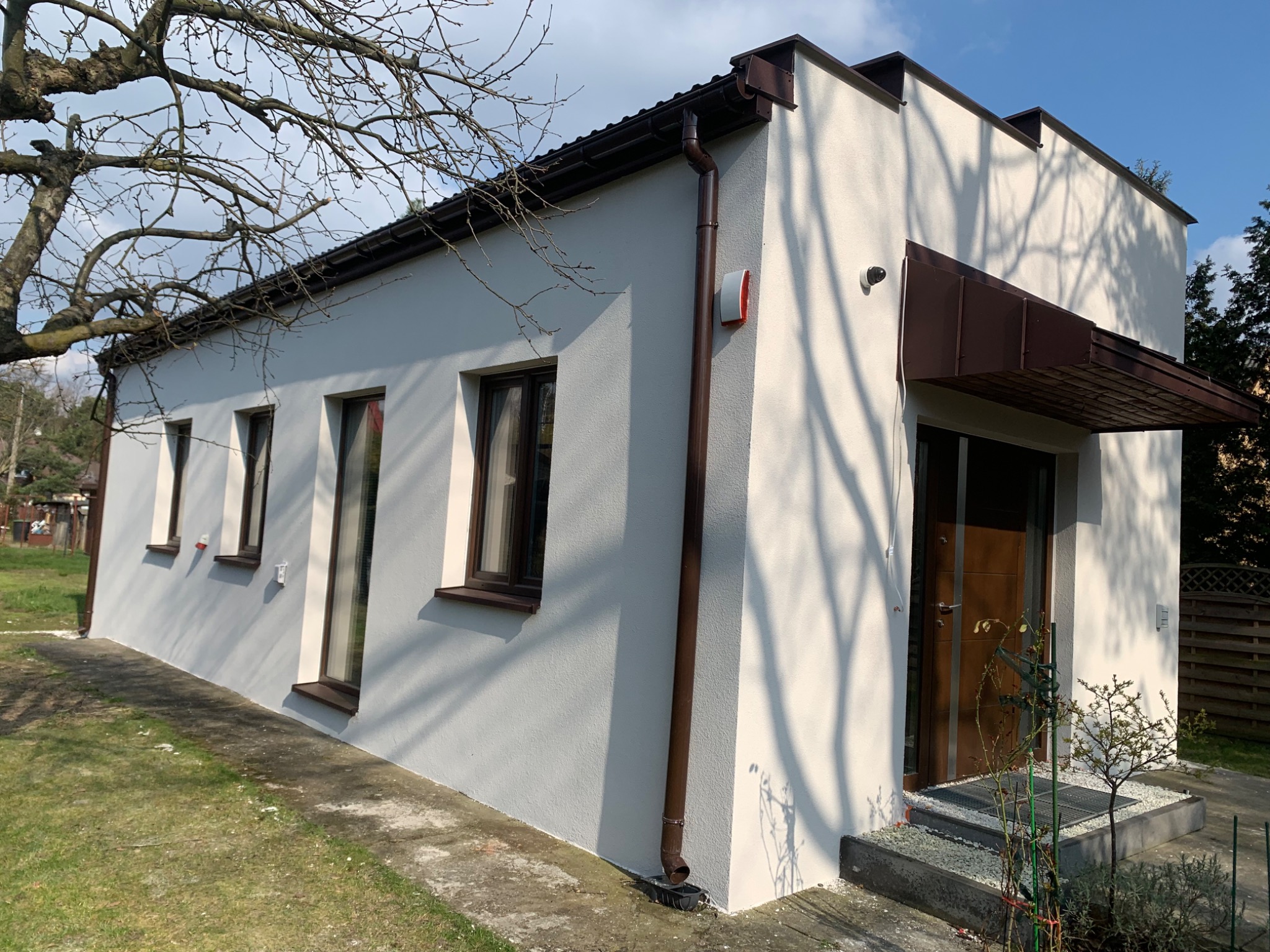 Nowoczesny, parterowy dom z białą elewacją, brązowymi oknami i rynnami, widoczny z perspektywy ogrodu, z drzewem bez liści w tle.