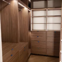 Wnętrze garderoby z drewna orzechowego z oświetleniem LED, widoczne półki, szuflady z niebieską taśmą zabezpieczającą uchwyty, podłoga ułożona w jodełkę.