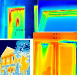 Termowizyjne zdjęcia budynku i detali okiennych z zaznaczonymi punktami pomiaru temperatury wskazującymi na straty ciepła.