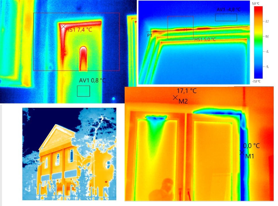 Termowizyjne zdjęcia budynku i detali okiennych z zaznaczonymi punktami pomiaru temperatury wskazującymi na straty ciepła.
