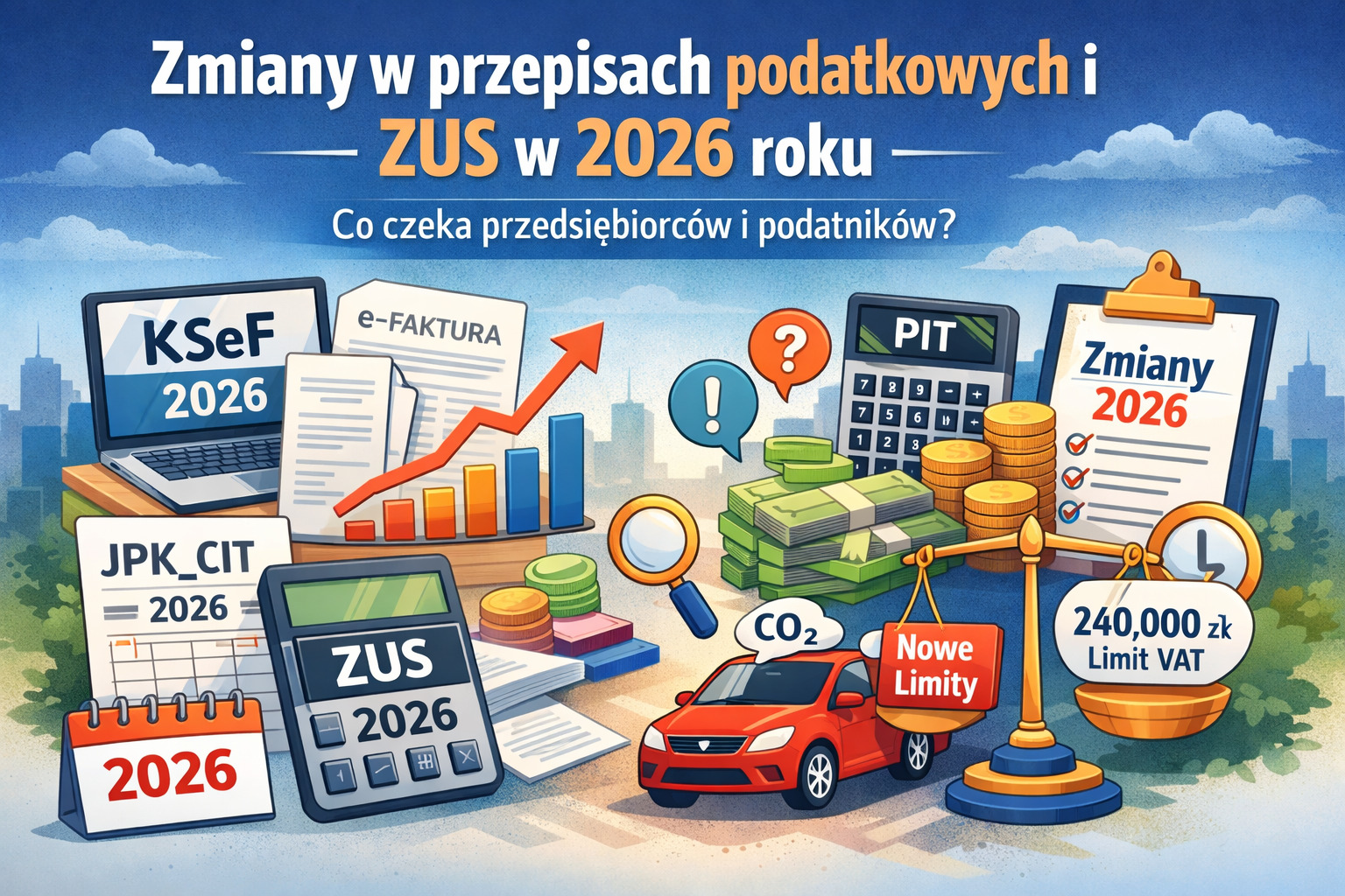 Ilustracja zmian w przepisach podatkowych i ZUS w 2026 roku. Kalkulatory, pieniądze, wykresy, samochód z CO2, e-faktury, KSeF, JPK_CIT, limit VAT.