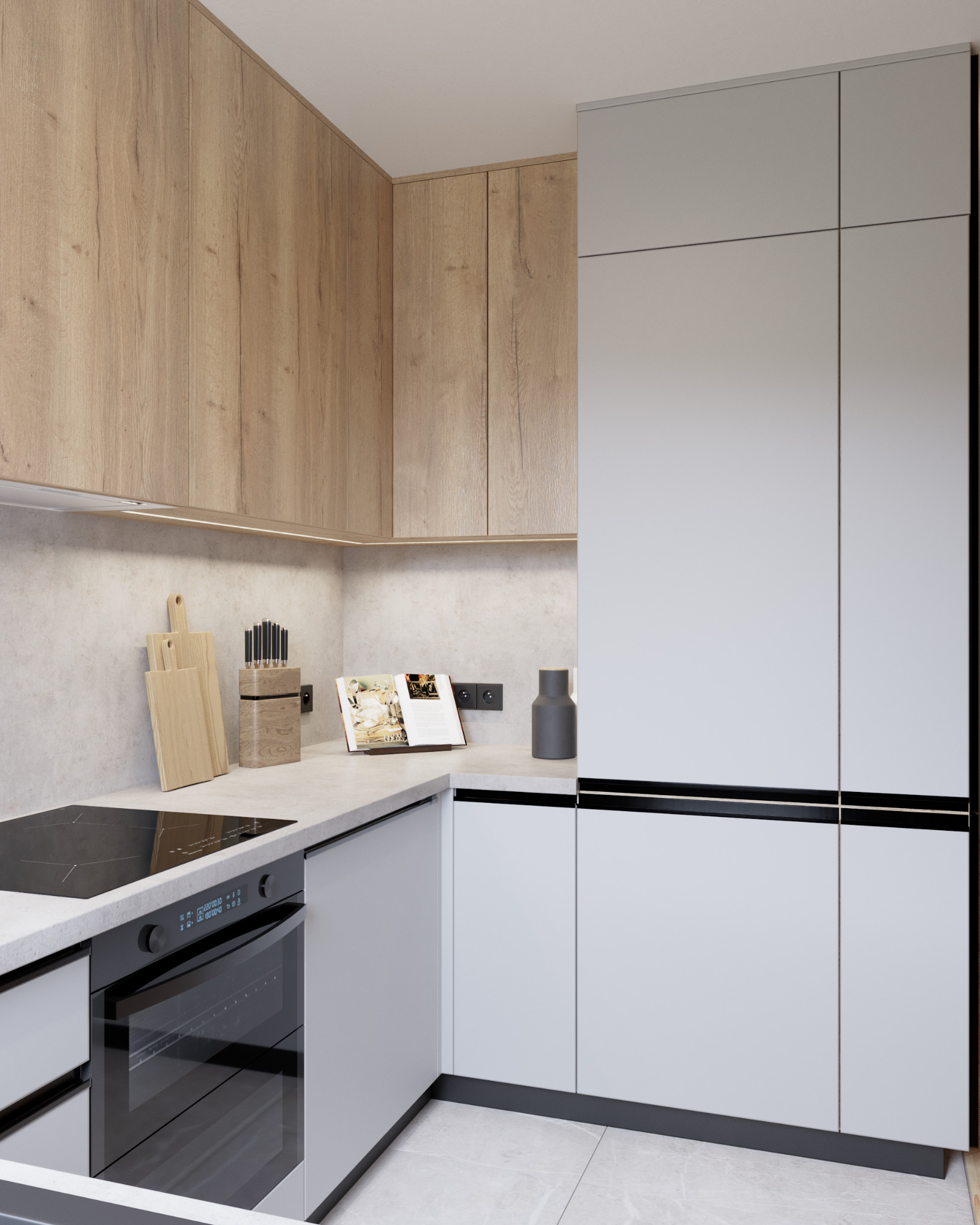 Nowoczesna kuchnia z drewnianymi szafkami górnymi i szarymi dolnymi, płyta indukcyjna i piekarnik. Na blacie deski do krojenia, noże i otwarta książka kucharska.