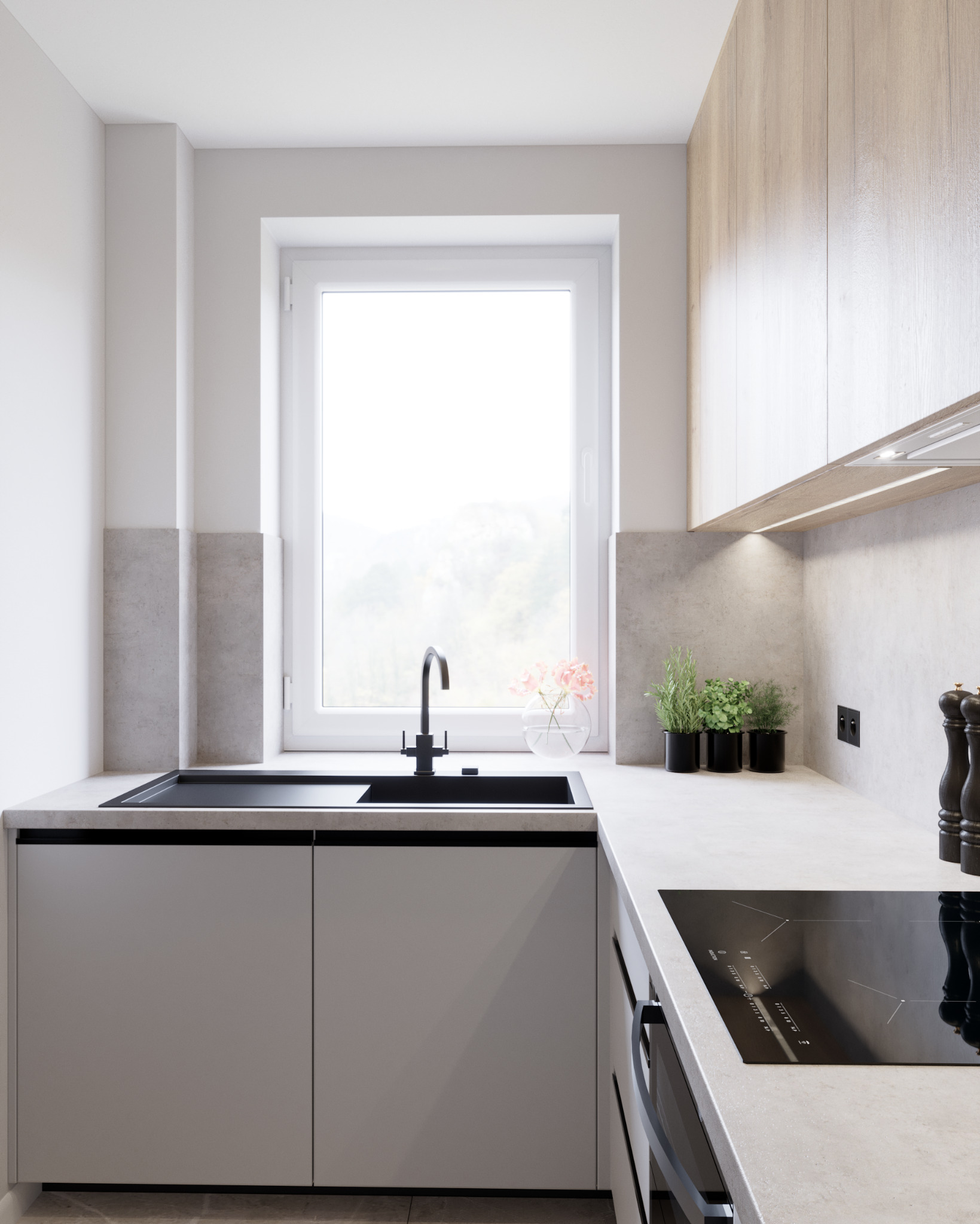 Minimalistyczna kuchnia: czarny zlew i bateria przy oknie, jasne szafki z drewnianym akcentem, indukcja i dekoracyjne rośliny. Nowoczesny design z dbałością o detale.