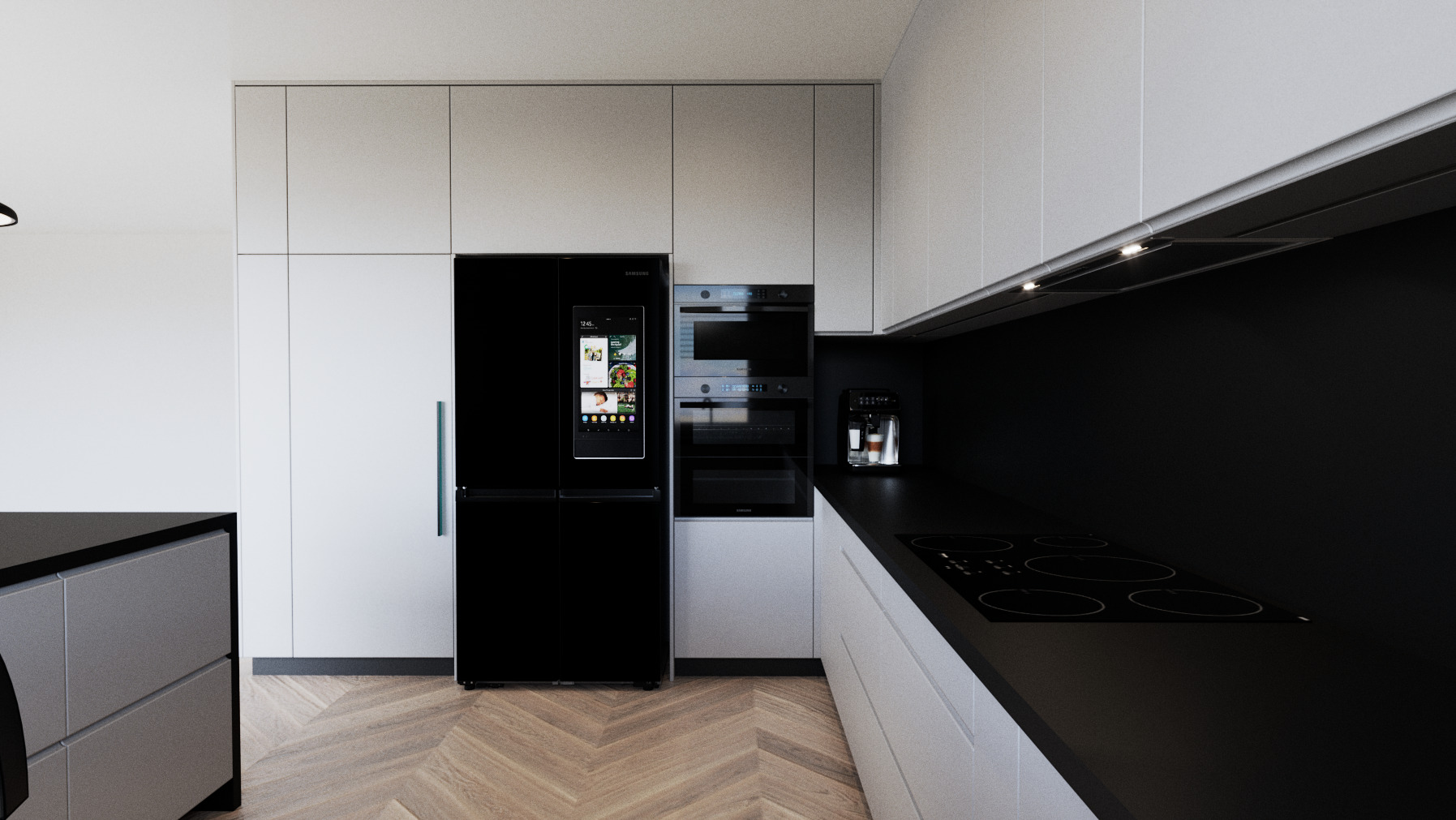 Nowoczesna kuchnia w bieli i czerni z inteligentną lodówką Samsung z ekranem dotykowym i drewnianą podłogą w jodełkę. Minimalistyczny design, oświetlenie podszafkowe.