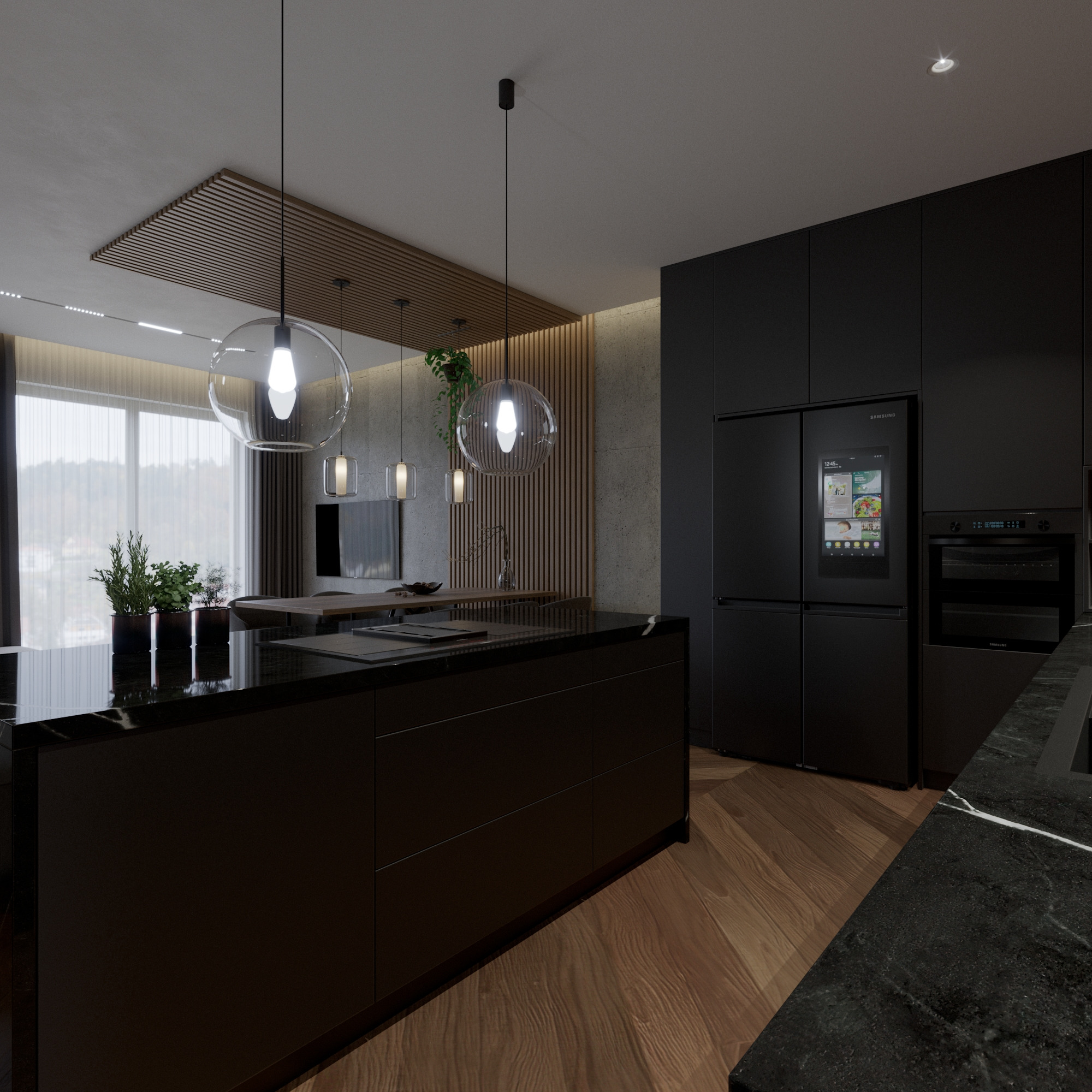 Minimalistyczna, nowoczesna kuchnia w odcieniach czerni z wyspą z blatem imitującym marmur, drewnianą podłogą i subtelnym oświetleniem.