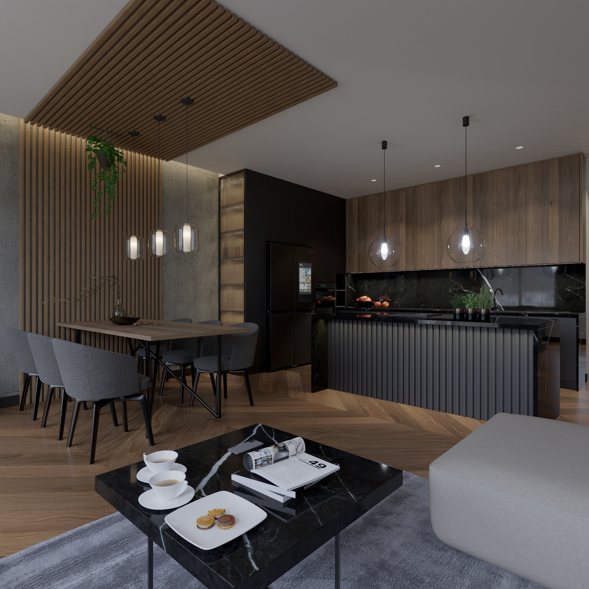 Nowoczesna aranżacja wnętrza z drewnianymi akcentami: stół z krzesłami, wyspa kuchenna z hokerami i marmurowy stolik kawowy z przekąskami. Minimalistyczny design.