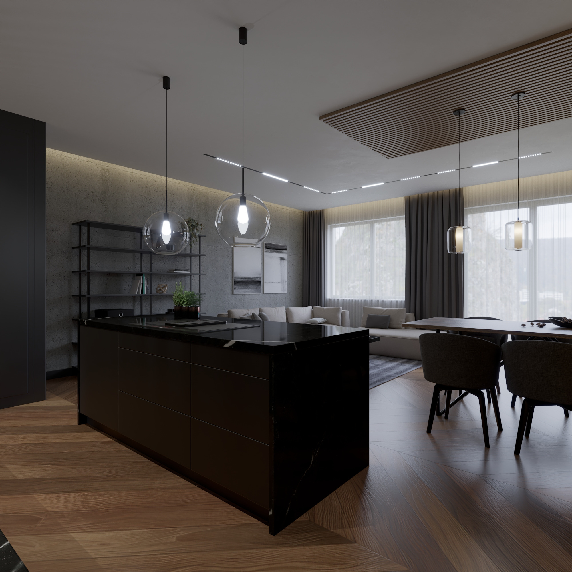 Nowoczesna aranżacja wnętrza w Puławach: czarna wyspa kuchenna z marmurowym blatem, drewniana podłoga w jodełkę, designerskie lampy i regał. Minimalizm i elegancja.