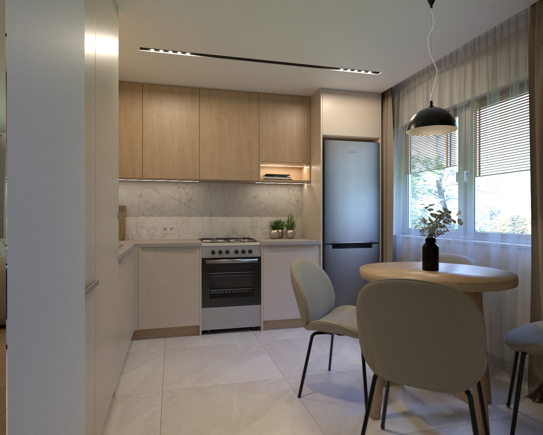 Jasna kuchnia z drewnianymi szafkami, marmurowym backsplashiem i okrągłym stołem z czterema krzesłami. Minimalistyczna lampa wisząca nad stołem. Nowoczesny design.