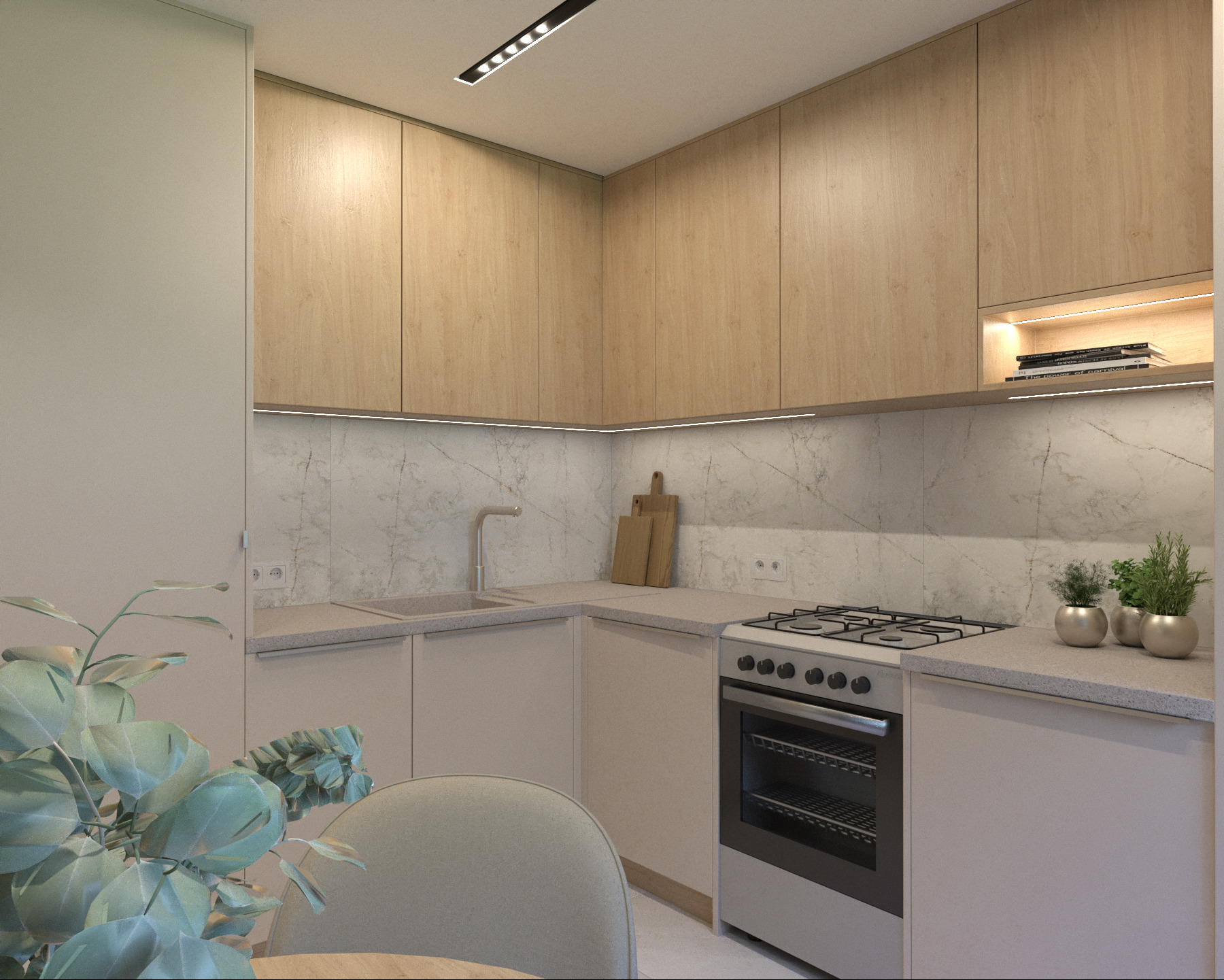 Jasna kuchnia z drewnianymi szafkami, marmurowym blatem i roślinami w doniczkach. Oświetlenie LED pod szafkami. Minimalistyczny design z drewnianymi deskami do krojenia.