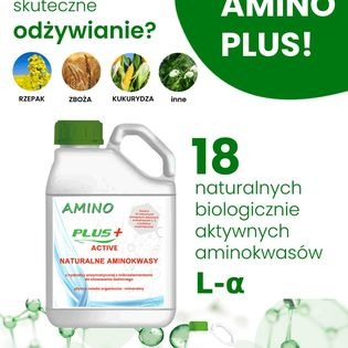 Plastikowy kanister z zieloną nakrętką i etykietą 'Amino Plus+' prezentowany na tle reklamy z grafikami rzepaku, zbóż i kukurydzy, promującej odżywianie roślin.