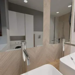 Nowoczesna łazienka z dwiema umywalkami nablatowymi, lustrami w drewnianej ramie ułożonej w jodełkę, pralką w zabudowie i grzejnikiem drabinkowym z szarym ręcznikiem.