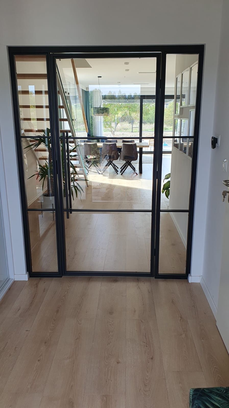 Przeszklone drzwi wewnętrzne z czarnymi szprosami oddzielające korytarz od salonu z widoczną schodnią i rośliną doniczkową.