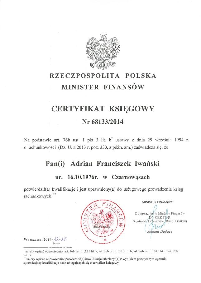 Certyfikat Księgowy Rzeczypospolitej Polskiej, potwierdzający kwalifikacje Adriana Franciszka Iwańskiego do prowadzenia ksiąg rachunkowych. Dokument z pieczęcią.