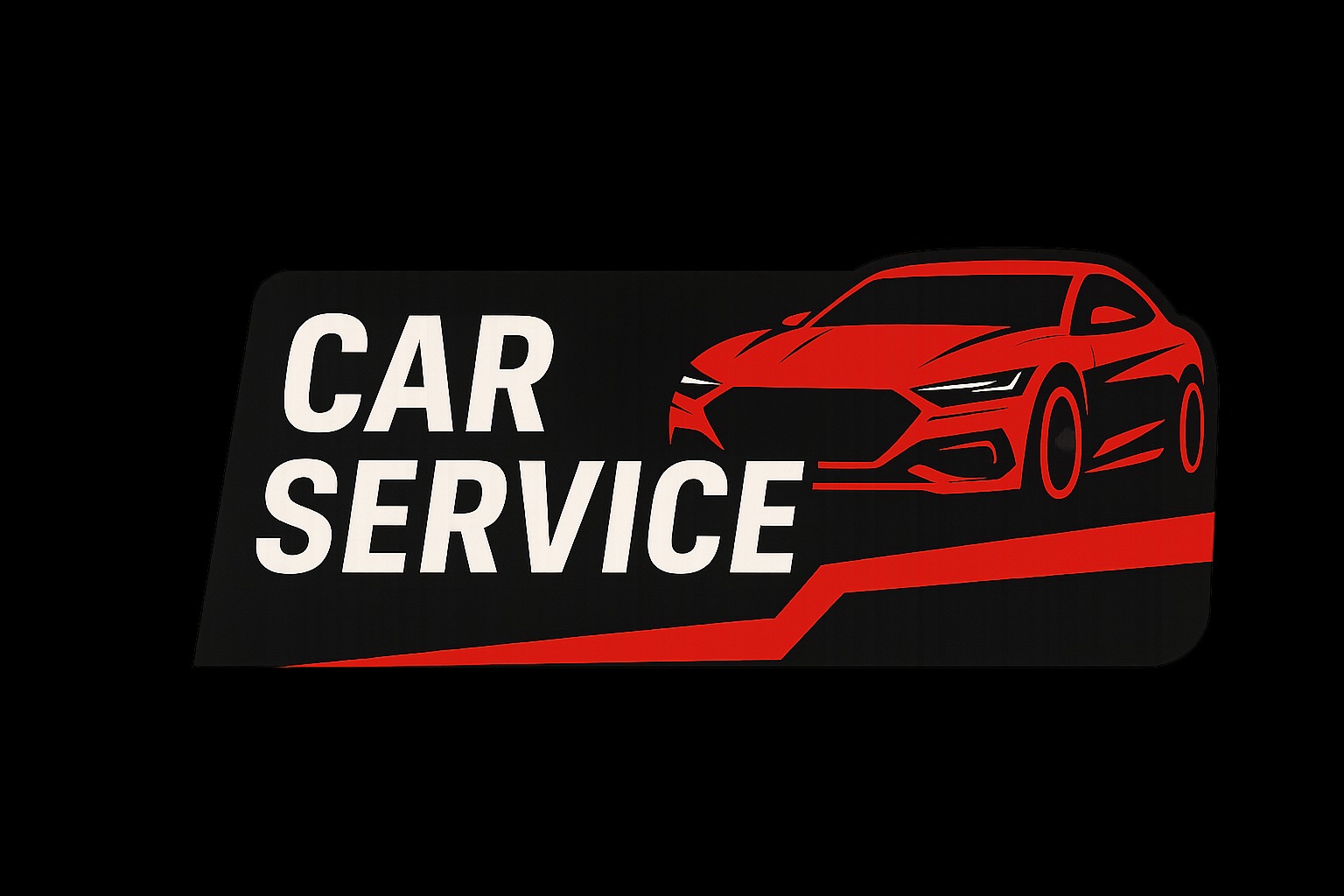 Grafika: biały napis 'CAR SERVICE' na czarnym tle, obok czerwony, stylizowany wizerunek sportowego auta i czerwona linia, całość na czarnym tle.