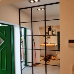 Nowoczesne, czarne drzwi drewniane z podziałami szklanymi, widok na wnętrze z psem rasy owczarek niemiecki leżącym na podłodze i zielonymi drzwiami po lewej.