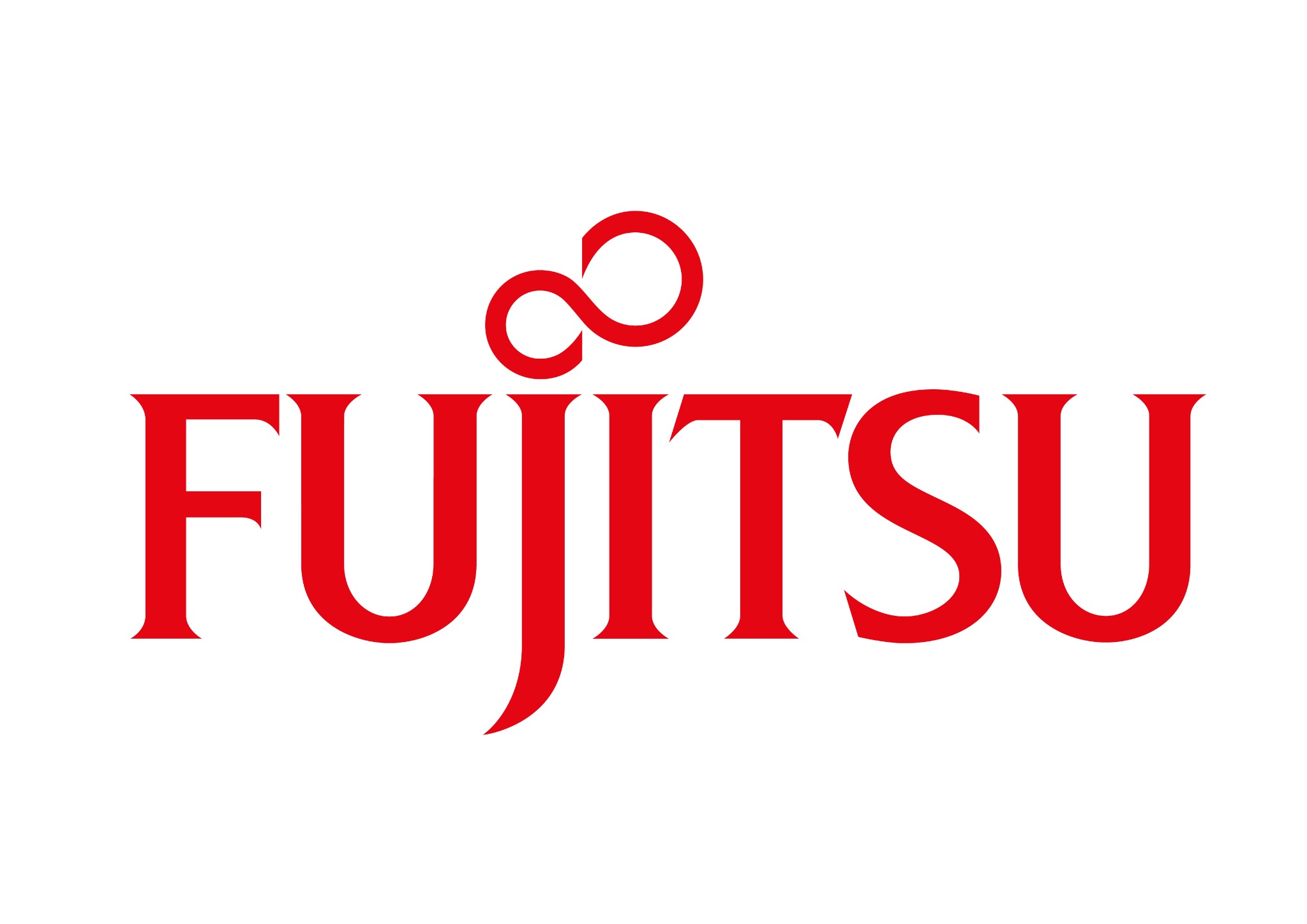 Czerwone logo firmy Fujitsu na białym tle, z symbolem nieskończoności nad napisem.