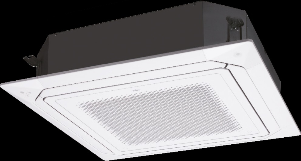 Nowoczesna, biała klimatyzacja kasetonowa marki Fujitsu, zamontowana w suficie podwieszanym, widoczna z perspektywy lekko od dołu.