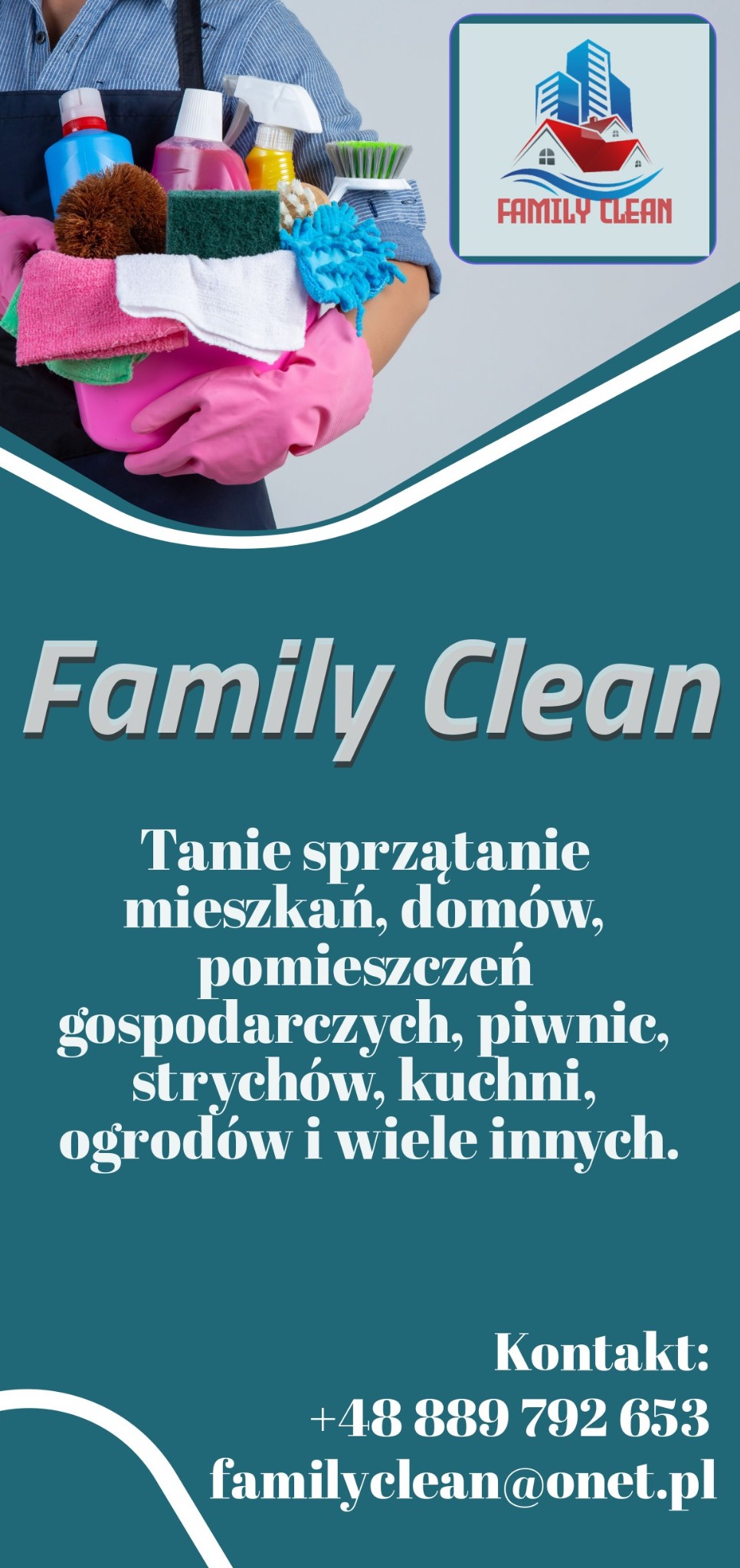 Reklama firmy sprzątającej Family Clean: osoba w fartuchu trzyma wiadro z różnymi środkami czystości i ściereczkami, widoczne logo firmy oraz dane kontaktowe.