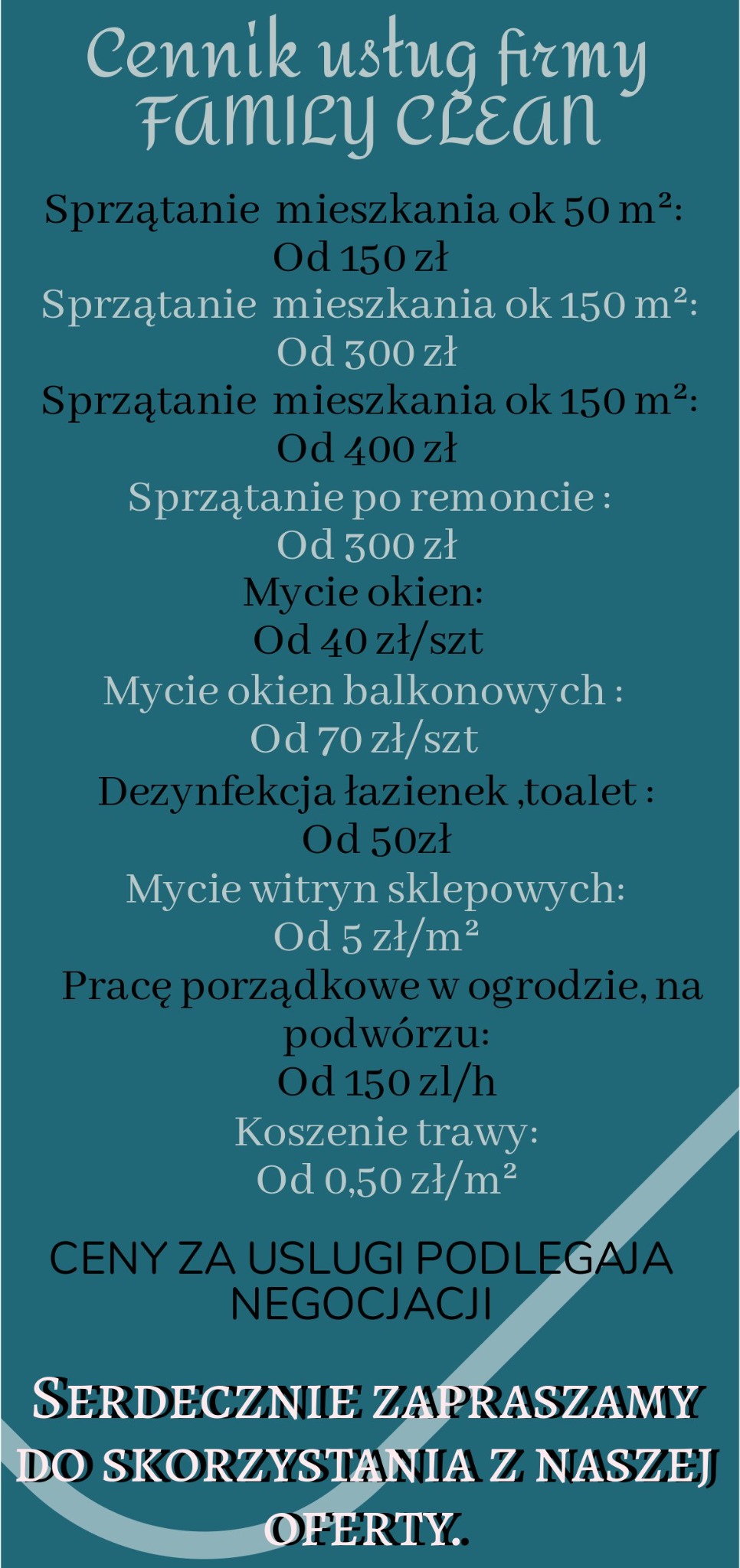 Cennik usług sprzątających firmy Family Clean, obejmujący sprzątanie mieszkań o różnej powierzchni, sprzątanie po remoncie, mycie okien i witryn, dezynfekcję łazienek oraz prace porządkowe...