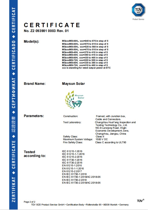 Certyfikat TÜV dla paneli słonecznych Maysun Solar, zawierający informacje o modelach, parametrach, klasach bezpieczeństwa i normach testowych, z logo firmy i znakiem TÜV SÜD.