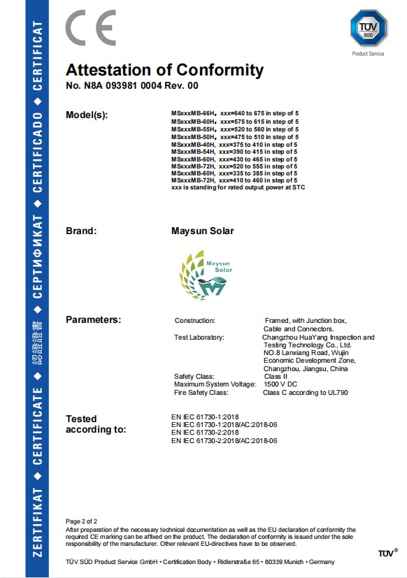 Skan certyfikatu CE dla paneli fotowoltaicznych Maysun Solar, zawierający szczegółowe parametry techniczne, normy bezpieczeństwa i informacje o producencie.