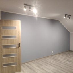 PETROBUD Petro Rakochyi - Jasne panele podłogowe w pokoju na poddaszu z szarą ścianą i drewnianymi drzwiami z przeszkleniami, oświetlenie punktowe sufitowe.