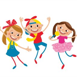 GrafikaStudio - Trzy uśmiechnięte, animowane dzieci w skoku: dziewczynka z czerwoną kokardą we włosach w żółtej bluzce i niebieskiej sukience, chłopiec w czerwonej koszulce, niebieskich spodenkach i czapce...