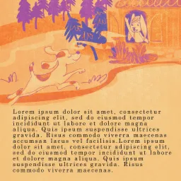 Ilustracja przedstawia psa biegnącego po ścieżce w kierunku domu, z którego okna macha postać z króliczymi uszami, całość utrzymana w pomarańczowo-fioletowej kolorystyce z teksturą przypominającą...