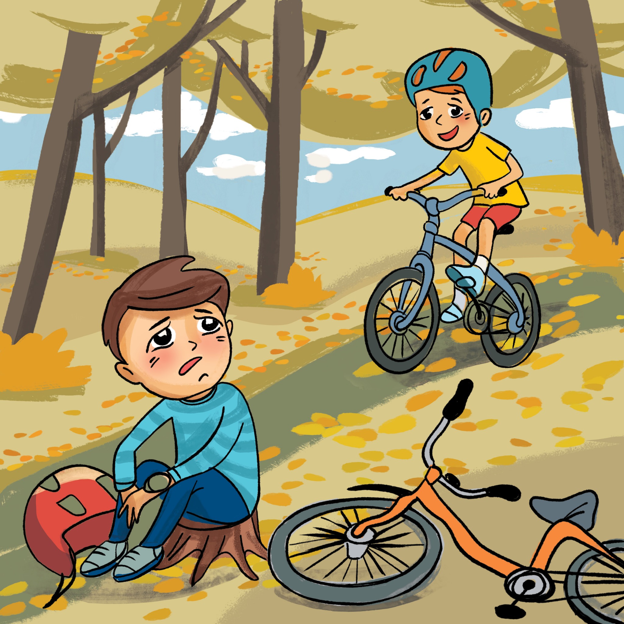 Ilustracja przedstawiająca chłopca siedzącego na pniu drzewa z opatrzonym kolanem i kaskiem obok, podczas gdy drugi chłopiec jeździ na rowerze w tle, z drugim rowerem leżącym na ziemi w jesiennym...