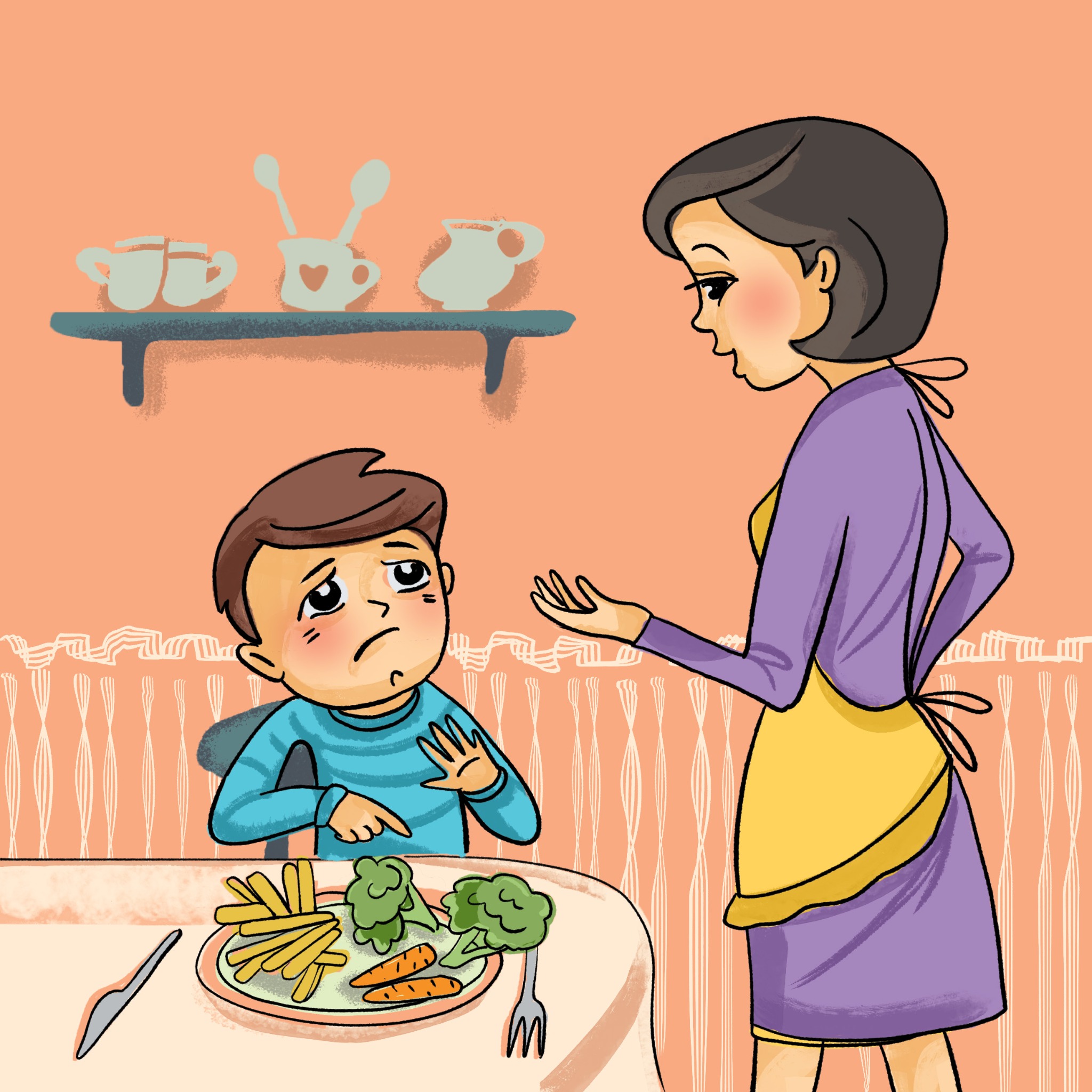 Ilustracja przedstawia matkę nakłaniającą syna do jedzenia warzyw; chłopiec z niechęcią odsuwa talerz z brokułami i marchewką.