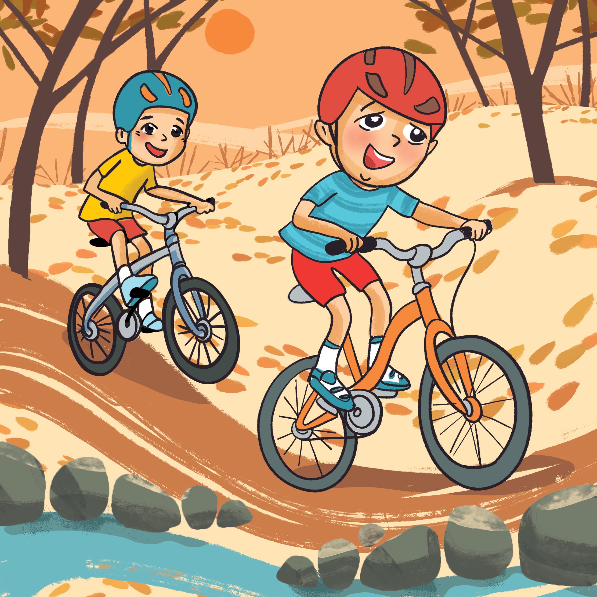 Ilustracja przedstawia dwóch chłopców jadących na rowerach górskich po leśnej ścieżce w jesiennej scenerii. Jeden ma czerwony kask i niebieską koszulkę, drugi niebieski kask i żółtą koszulkę. W tle...