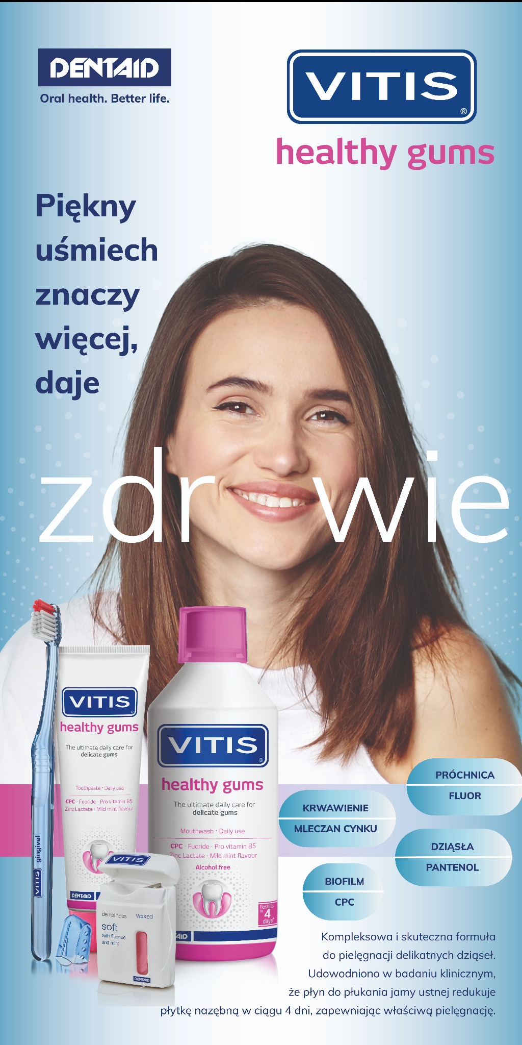 Reklama produktów do higieny jamy ustnej Vitis Healthy Gums: pasta do zębów, płyn do płukania, szczoteczka i nić dentystyczna, prezentowane obok uśmiechniętej kobiety z zadbanymi zębami.