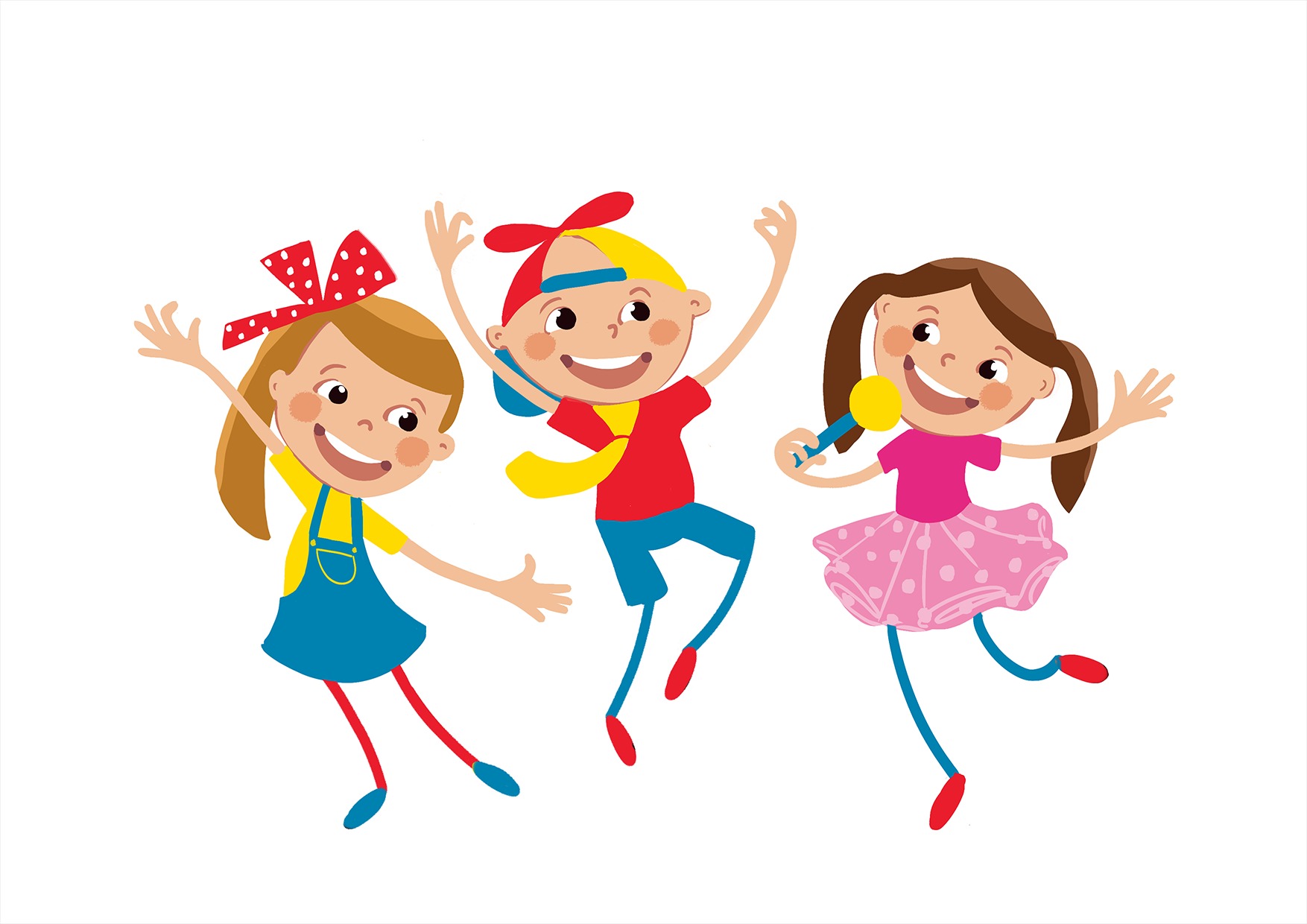 Trzy uśmiechnięte, animowane dzieci w skoku: dziewczynka z czerwoną kokardą we włosach w żółtej bluzce i niebieskiej sukience, chłopiec w czerwonej koszulce, niebieskich spodenkach i czapce...