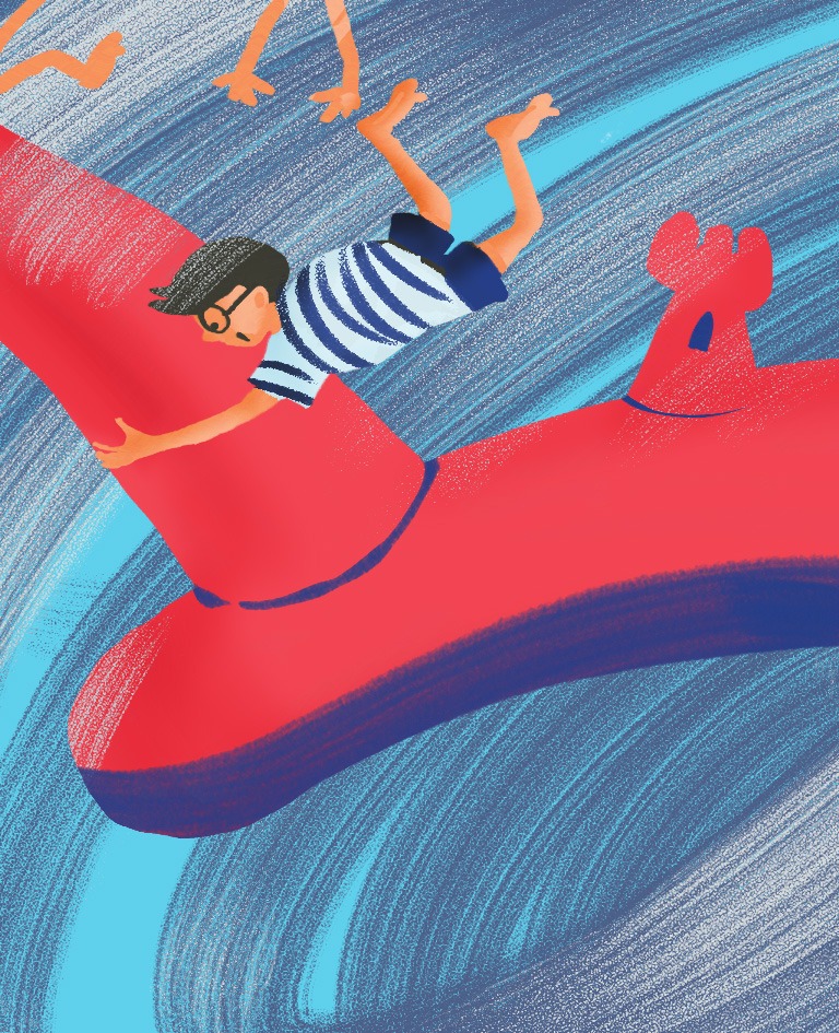 Ilustracja cyfrowa przedstawiająca chłopca w okularach i koszulce w paski, obejmującego czerwoną, abstrakcyjną konstrukcję przypominającą zamek na tle stylizowanych fal.