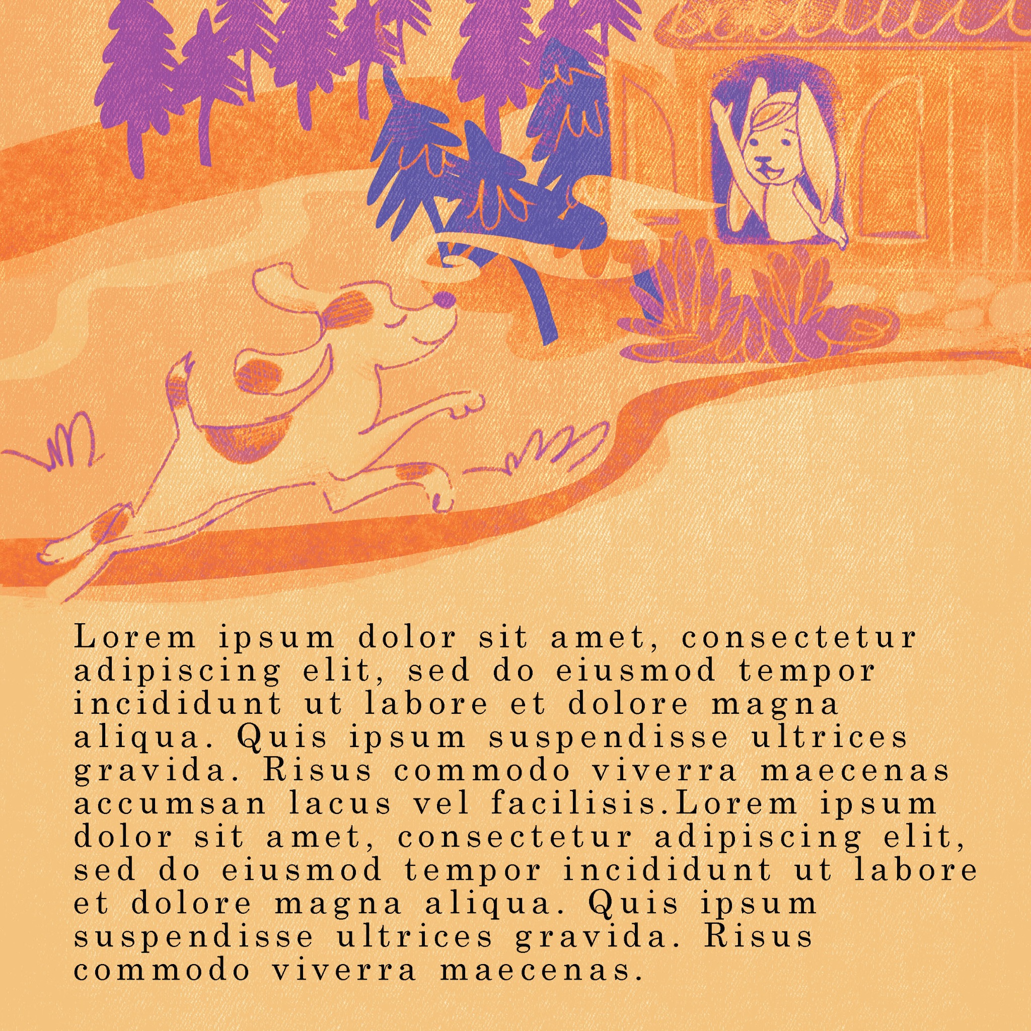 Ilustracja przedstawia psa biegnącego po ścieżce w kierunku domu, z którego okna macha postać z króliczymi uszami, całość utrzymana w pomarańczowo-fioletowej kolorystyce z teksturą przypominającą...