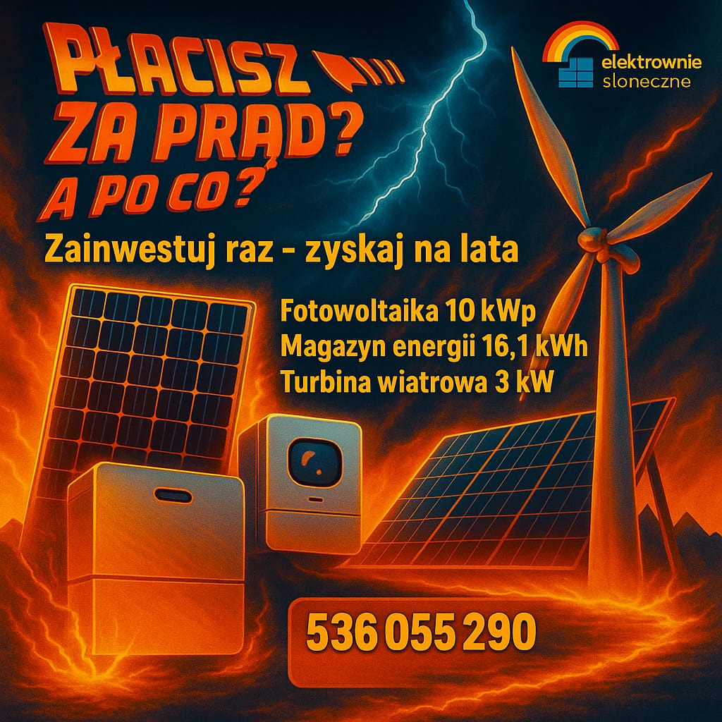 Grafika reklamowa: panele fotowoltaiczne, magazyn energii, turbina wiatrowa. Napis: Płacisz za prąd? A po co? Zainwestuj raz - zyskaj na lata. Numer telefonu.