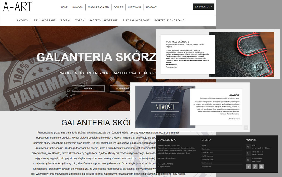 Strona internetowa producenta galanterii skórzanej A-ART, prezentująca ofertę aktówek, etui, teczek, toreb, saszetek, plecaków i portfeli skórzanych.
