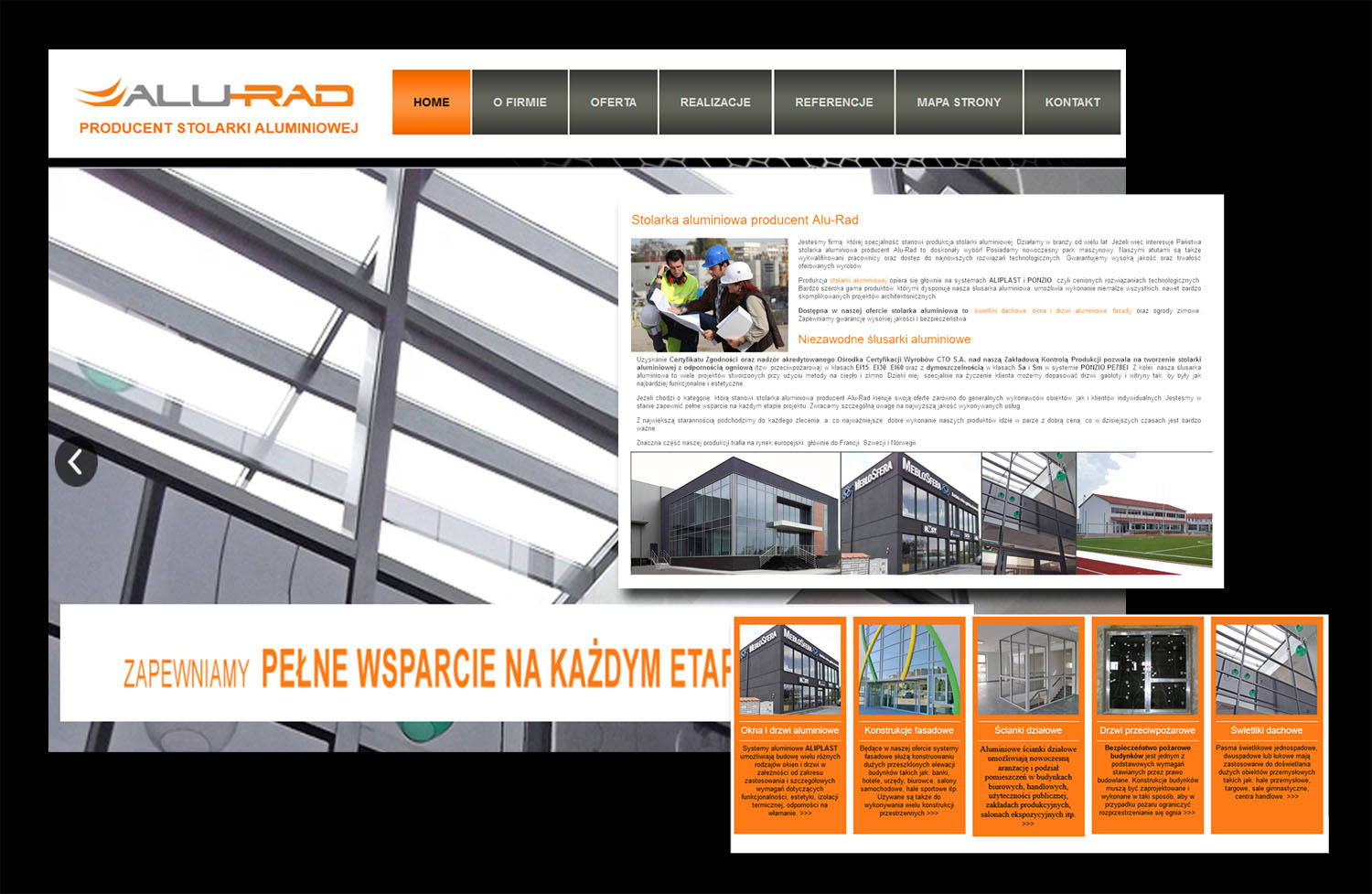 Strona internetowa producenta stolarki aluminiowej Alu-Rad, prezentująca ofertę okien, drzwi, fasad, ścianek działowych i świetlików dachowych, z przykładami realizacji i certyfikatami.