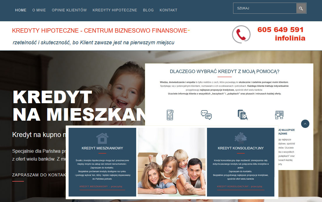 Strona internetowa doradcy finansowego z ofertą kredytu hipotecznego i konsolidacyjnego, widoczna infolinia i zdjęcia rodziny.