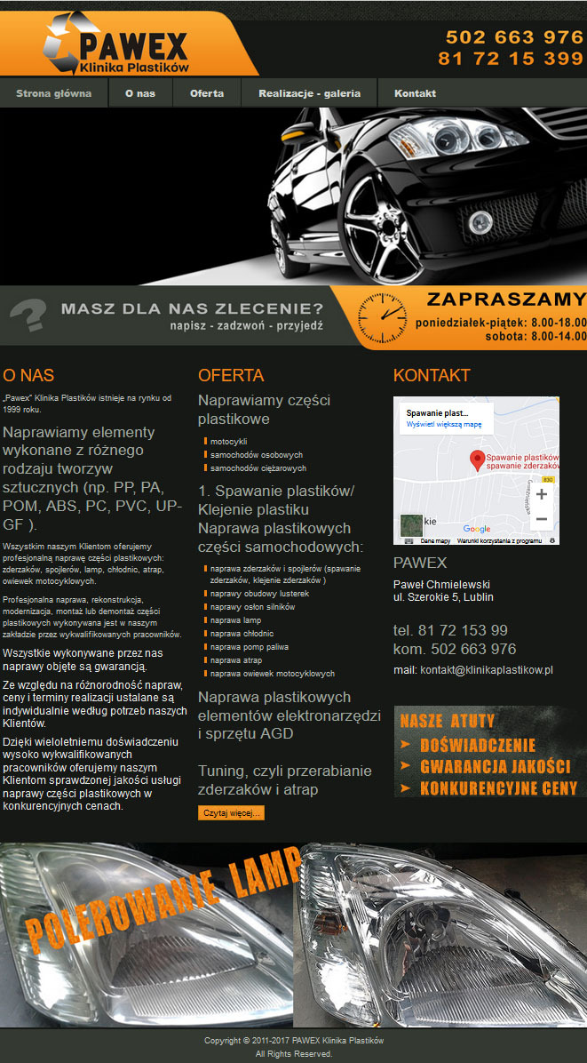 Wygląd strony internetowej firmy zajmującej się naprawą plastikowych elementów samochodowych, prezentującej ofertę i dane kontaktowe, z widocznym autem i hasłem 'Masz dla nas zlecenie?'