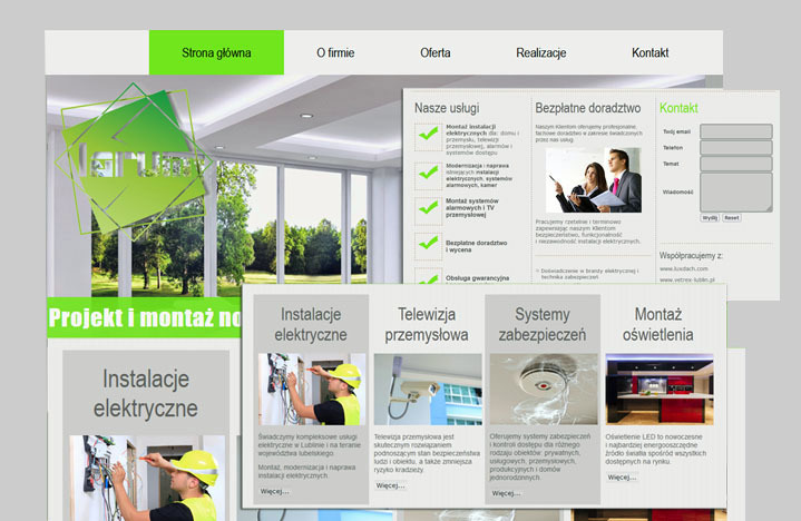 Projekt strony internetowej firmy elektrycznej z zakładkami 'Strona główna', 'O firmie', 'Oferta', 'Realizacje' i 'Kontakt' oraz z wizualizacjami usług: instalacje elektryczne, telewizja...