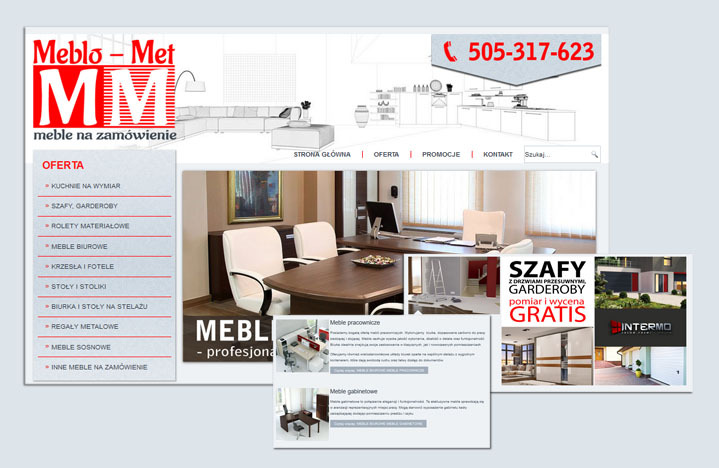 Zrzut ekranu strony internetowej firmy meblarskiej Meblo-Met prezentujący ofertę mebli na zamówienie, w tym mebli biurowych, kuchennych i szaf, z widocznymi elementami nawigacji i danymi kontaktowymi.