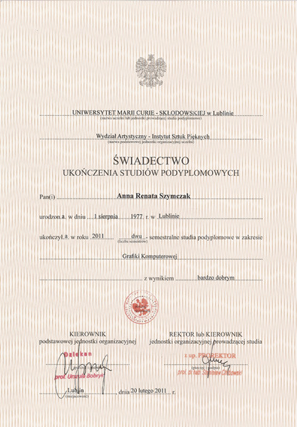 Skan świadectwa ukończenia studiów podyplomowych z Grafiki Komputerowej, wydanego przez Uniwersytet Marii Curie-Skłodowskiej w Lublinie, z podpisami Dziekana i Prorektora.