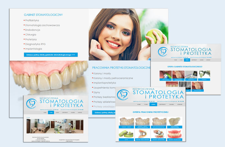 Prezentacja strony internetowej gabinetu stomatologicznego i pracowni protetycznej z uśmiechniętą modelką trzymającą zielone jabłko.